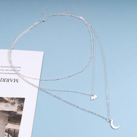 Yheakne Boho Layered Moon Necklace Choker Silver Elephant Pendant Necklace Layering Satellite Chain Necklace Vintage Multiple Crescent Necklace Jewelry for Women and Girls Animal Lover Gifts