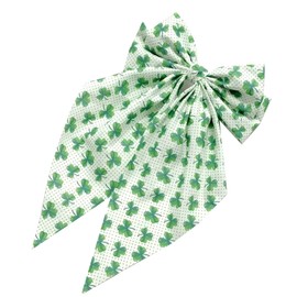 Green Four-leaf Clover Printed Bow Spring Clip for St. Patrick's Day Party, Long Tails and Ponytail Barrettes Hair Bow Decoration(SPJ11) (Green A)