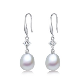 YAMI Women's Drop Pearl Earrings 925 Sterling Silver Hook Earrings Drop Pearl Dangling Zirconia Earrings Exquisite Elegant Temperament Pearl Dangle Earrings Jewelry Gifts for Bride Mother Friends