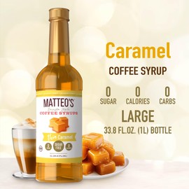 Matteo's Caramel Syrup for Coffee, Lattes, Cappuccinos & Desserts – Sugar-Free Sweetener for Beverages, Keto Friendly, Zero Calories, Indulgent Flavor, Non-Alcoholic, Ideal for Coffee 33.8oz (6pk)