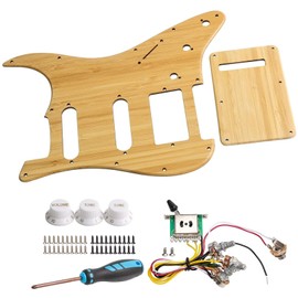 Swhmc HSS 11 Hole Strat Pickguard Backplate Kit for Stratocaster Strat Guitar 2 TONE + 1 VOLUME Knob, 5-Way Switch with Jack Wiring Harness Set Included (Bamboo Material)