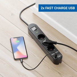 deleyCON 3,0m 3 Fach Steckdosenleiste mit USB Stromleiste 3X Schutzkontaktbuchsen 2X USB-A Ladebuchse für z.B. Handy & Tablet Überspannungsschutz EIN/AUS Schalter Schwarz