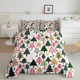 Manfei Christmas Tree 3 Pcs Comforter/Duvet Set,Cartoon Geometric Pattern Ultra Soft Bed Collection,Colorful Trees Stars Xmas Bedding for Room Decor 3 Pcs,Microfiber Breathable,King