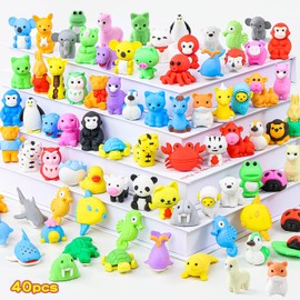 Kleeblatt 40Pcs Animal Erasers Desk Pets for Kids Assembled Eraser 3D Puzzle Erasers Classroom prizes,Class Pets,Party Favors