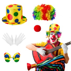 Clown Costume Set Clown Rainbow Wig Nose Bow Tie White Gloves Accessories for Parties Carnivals Pretend Play Women Men Adults (5pcs)