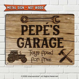 Pepé's Garage Toys Fixed for Free, 8.5 x 11.5 Inch Aluminum Sign, Vintage Workshop and Garage Signs Wall Decor, Gifts for Papa, Papu, Pop, Woodworking, Woodturning, Cabinet Maker, Mechanic