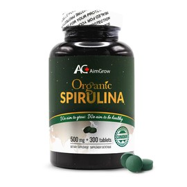 Aimgrow Organic Spirulina Tablets, Nutrient-Rich Spirulina for Eye and Skin Health, Canada Organic, Non-GMO and Gluten-Free, 500mg, 300 Tablets