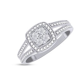 Round Cut Natural Diamond Accent Cushion Frame Split Shank Anniversary Ring For Women's In 14K White Gold Over Sterling Silver (0.05 Cttw, I2-I3 Clarity), Ring Size-8