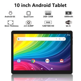 Android Tablet, 10 inch Tablets, 2GB RAM+32GB ROM Computer Tablet Support 512GB Expand, 1280*800 IPS Touch Screen, 1.8Ghz Quad-core Processor, 2.4G/5G WiFi Bluetooth, 8MP Camera 6000mAh Battery Tablet