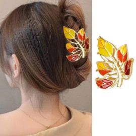Fall Maple Leaf Hair Clips Autumn Thanksgiving Hair Claw Clips Strong Hold Hair Grip Clips Hair Accessories Gift Metal Gold Hair Jaw Clips with Orange Yellow Fallen Leaves for Women Autumn Party Decor