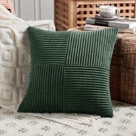 Fancy Homi Set of 2 Dark Green Decorative Throw Pillow Covers 16x16 Inch for Living Room Couch Bed, Boho Farmhouse Forest Green Home Decor, Soft Corss Corduroy Patchwork Textured Cushion Case
