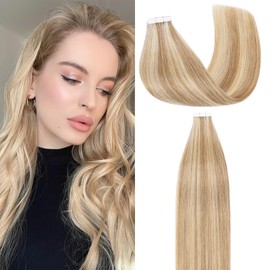 Rich Choices Tape Extensions Real Hair 35 cm Pack of 20 #12/613 Blonde Strands Real Hair Extensions Invisible Tape-In Extensions Remy Silky Straight Hair Extensions Natural Hair Thickening