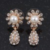 Clear Diamante Simulated Pearl 'Flower' Drop Earrings In Gold Plating