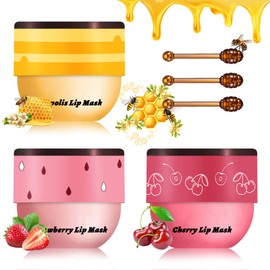 CAHIUYOA 3 Bálsamos Labiales De Abeja Con Aroma A Miel, Fresa, Miel Y Cereza. Mascarilla Hidratante Para Dormir Con Bálsamo Labial De Abeja En Barra. 