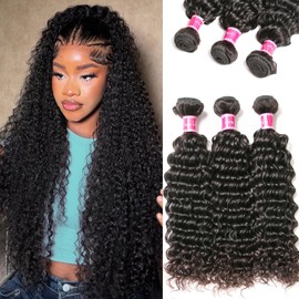 12A Brazilian Deep Wave Bundles Human Hair 22 24 26 Inch Wet and Wavy Human Hair 3 Bundles for Black Women Curly Wave Human Hair Bundles Water Wave Human Hair Extensions