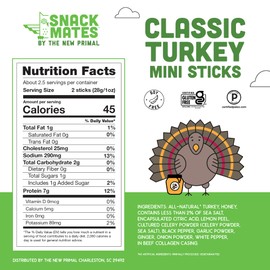 New Primal Snack Mates Turkey Sticks, Gluten Free Healthy Snacks for Kids, Low Sugar High Protein Back to School Snacks, Mini Paleo Jerky Meat Stick, 7g Protein, 45 Calories, 40 Pack