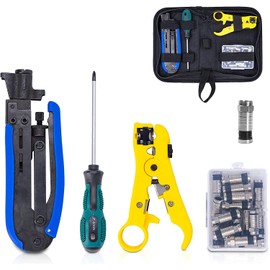 KOTTO Coax Cable Crimper Kit - Adjustable Compression Tool for RG6, RG59, RG11 - Includes Coaxial Cable Stripper and 20 F Compression Connectors