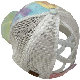 C.C Ponytail Criss Cross Messy Buns Ponycaps Baseball Cap Dad Trucker Mesh Hat (Distressed Tie Dye Mesh Cotton Candy)