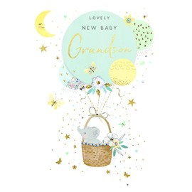 Paperlink New Baby Grandson birth congratulations card Violet Range - Lovely new baby Grandson elephant in basket design