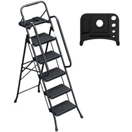 WiberWi 5 Step Ladder with Handrails Folding Step Stool with Tool Plateform, 330 lb Capacity Step Stools for Adults Portable Ladder for Home Kitchen Steel Frame with Non-Slip Wide Pedal