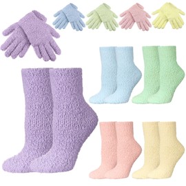Foaincore 10 Pair Fuzzy Socks and Fuzzy Gloves Set Warm Plush Socks Soft Gloves Home Sleeping Socks Winter Slipper Socks