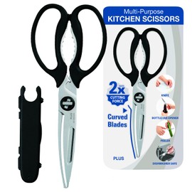 Multi-Purpose Kitchen Shears – Meat & Vegetable Cutter, Crab Cracker, Vegetable Peeler, Jar & Bottle Opener, Knife, Safety Cap, Dishwasher Safe (1 Pair, Black)