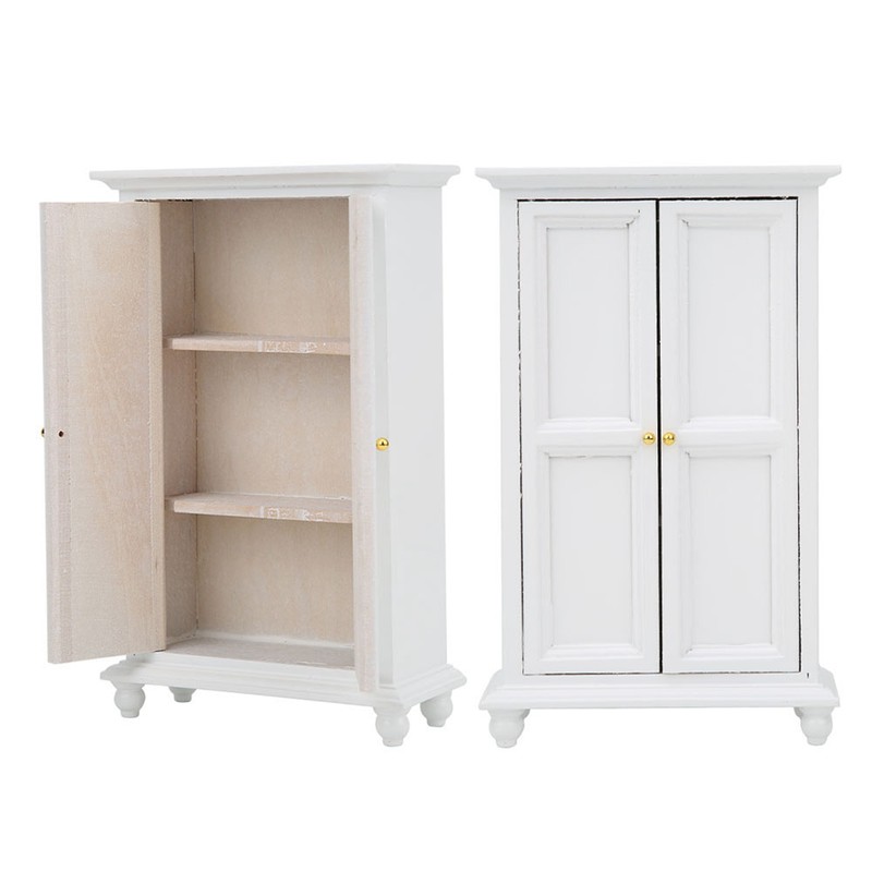 Miniature Doll House Wardrobe White Wooden Double Door Household Closet
