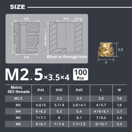 M2.5 Threaded Inserts - 100 Pieces M2.5x4x3.5 Brass Heat Set Insert for Plastic Parts - Metric knurled Nuts - Insert by Heat into 3D Printing Components