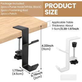 Mijradge Desk Mount Bag Holder Hook Clamp, 2-Pack, White+Black, Aluminium, 2 Hooks, Clamp Mount