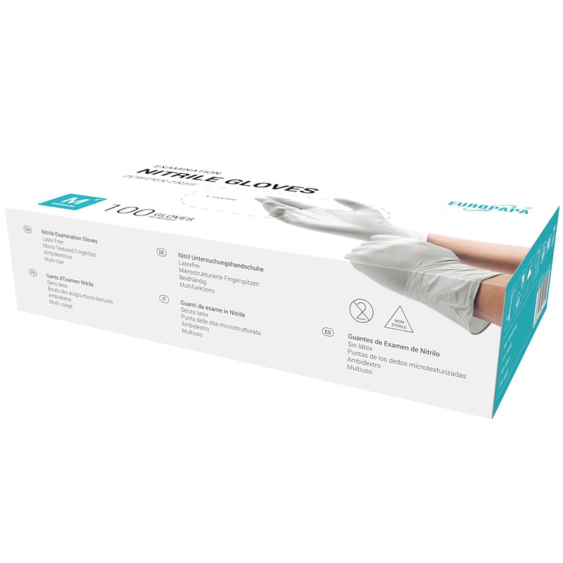 EUROPAPA® Disposable Nitrile Examination Gloves, Powder–Free, Latex–Free, Non–Sterile, Box of