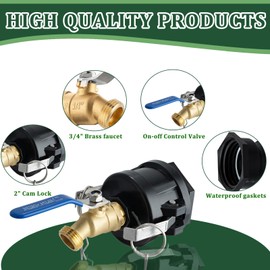 IBC Tote Adapter, 2" Cam Lock for 275-330 Gallon IBC Tote Tank with 2packs Groove Fittings, IBC Tote to Garden Hose Adapter with Brass Hose Faucet (3/4'' Male NPT Inlet ×3/4" Male GHT Threaded))