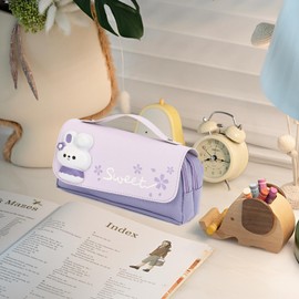 Cute Pencil Case for Girls, Portable Pencil Pouch Organizer for School Kids Elementary (Rabbit Purple)