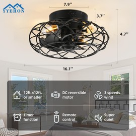 YYEHON Caged Ceiling Fan with Lights and Remote Control, Flush Mount Bladeless Chandelier Fan, 16.1" Low Profile Fandelier for Bedroom, Living Room, Kitchen