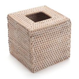Rattan Tissue Box Cover Napkin Holder for Home Office Car Honey Brown (White, 14x14x15cm)