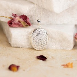 Tuscany Silver Women's Sterling Silver Oval Cubic Zirconia Locket Pendant on Adjustable Curb Chain Necklace of 41cm/16"-46cm/18"