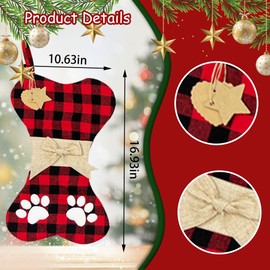 CHMOART Christmas Stockings Xmas Gift Stockings for Fireplace, Red Black Buffalo Plaid Burlap Stocking Ornaments Winter Pet Paw Hanging Stockings for Christmas