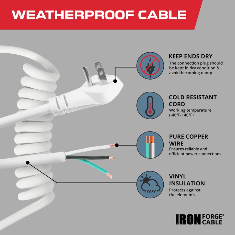 Iron Forge Cable 15 Amp White Replacement Coiled Extension Cord