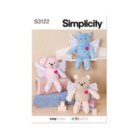 Simplicity SS3122OS Memory Bear, Kitty, and Puppy Plush Animals with Wings Sewing Pattern Packet, Design Code S3122, 15" Tall