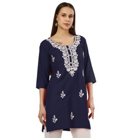 Ladyline Chikan Embroidered Rayon Tunic Top for Women - Chikankari Work Ethnic Short Kurti Blouse Shirt (REK LLAM) (42/ Navy)