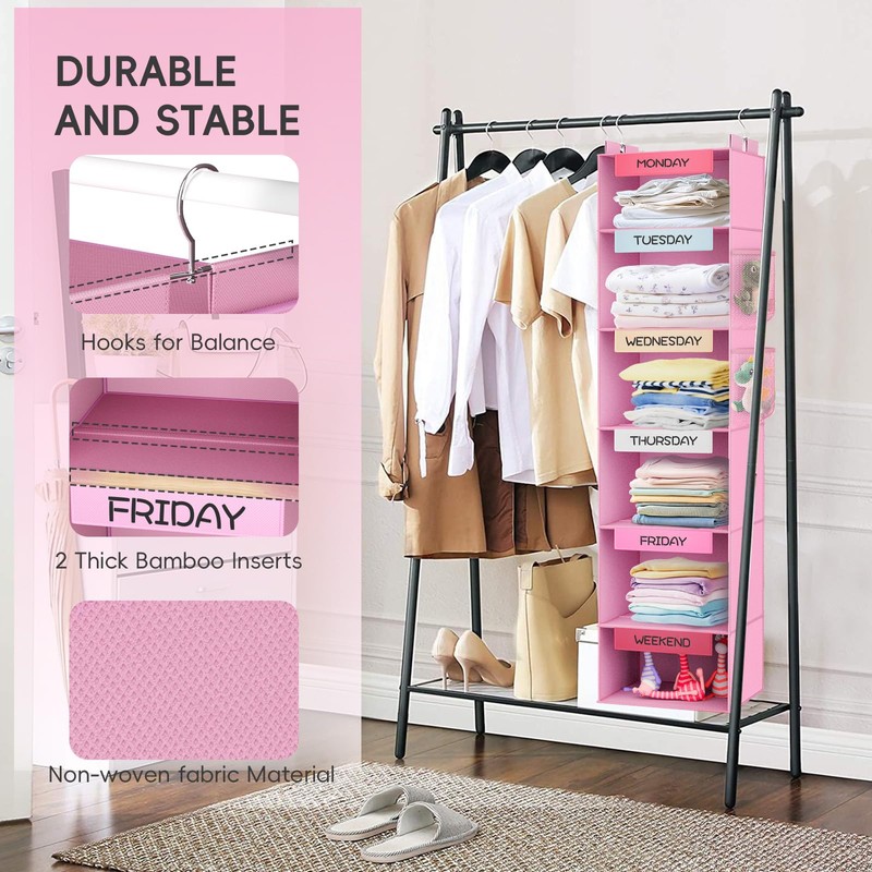 VERONLY Weekly Hanging Closet Organizer for Kids, 6-Shelf Clothes Storage