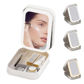 Caja de Maquillaje con Espejo, Bolsa de Maquillaje de Viaje con Espejo LED, con Ajustable de Tres Colores, Cosméticos, Accesorios Caja de Almacenamiento Portátil (Blanco)