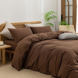 BESTOUCH Duvet Cover Set 100% Washed Cotton Linen Feel Super Soft Comfortable Chic Lightweight 3 PCs Home Bedding Set Solid Cocoa Brown Full/Double