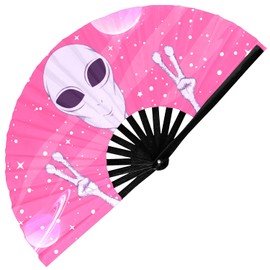 GloFX Rave Fan - Pink Alien - Large Folding Fan -Large Folding Fan for Rave Essentials, Festival Fans, and Alien Accessories - Hand Held Fan for Festival Outfits & EDM Vibes