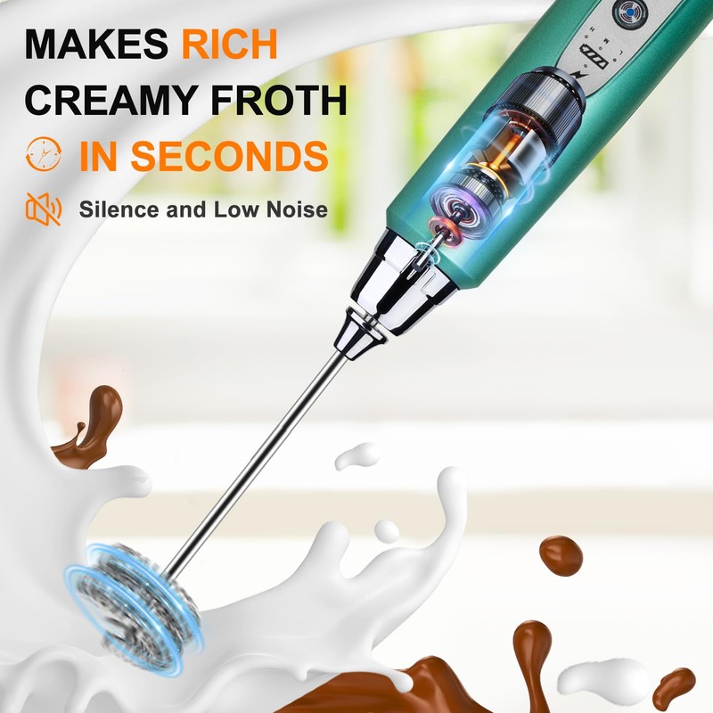 YUSWKO Green Handheld Milk Frother Wand for Coffee, Rechargeable Electric