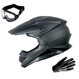 1Storm Motocross Adult Helmet Downhill Mountain Bike Helmet BMX MX ATV Dirt Bike Storm Style HF803; Matt Black + Goggles + Skeleton Black Glove Bundle