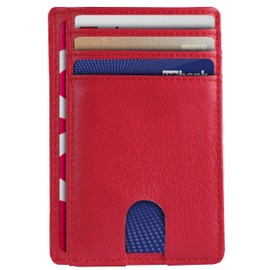 AMEHA Men's Minimalist Slim Wallet Front Pocket Genuine Leather RFID Blocking Business Card Holder with ID Window Classic Red Medium Front Pocket