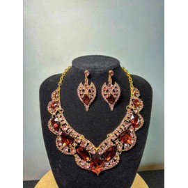 MMonesu Women Jewelry Set Rhinestone Brown Crystal Collar Statement Choker Necklace Teardrop Cluster Dangle Earrings Set for Wedding Party