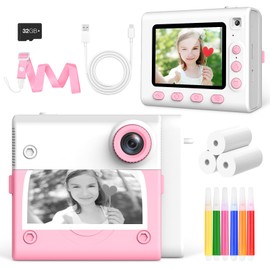 Immver Kids Camera, Dual-Lens Selfie Cameras, 2.8" IPS Screen, 48MP, 1080P, 32GB Card, Digital Zoom, Instant Digital Cameras with Print Paper, Birthday Christmas Toys Gifts for Kids Age 3-12 (Pink)