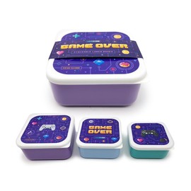 Puckator Game Over Set of 3 Lunch Boxes - Lunchbox with Multi Compartments - Small Food Containers - Lunchbox for Adults and Kids - Girls Boys Lunchbox - Snack Storage