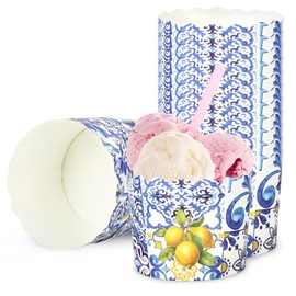 JarThenaAMCS 100Pcs Blue Tile Lemon Paper Baking Cups Yellow Blue Lemon Cupcake Wrappers Scalloped Edge Cupcake Muffin Cases for Summer Lemon Party Supplies